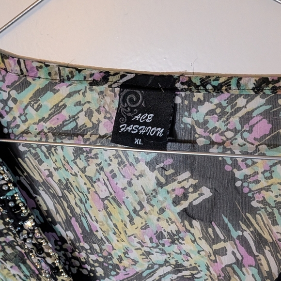 Ace Fashion Sheer V-Neck Tunic Blouse Abstract Flowy  Beaded Crystals Bohemian - Picture 14 of 16